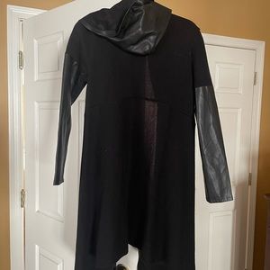 Black cardigan knee length w vegan black leather arms and hood for a nice detail